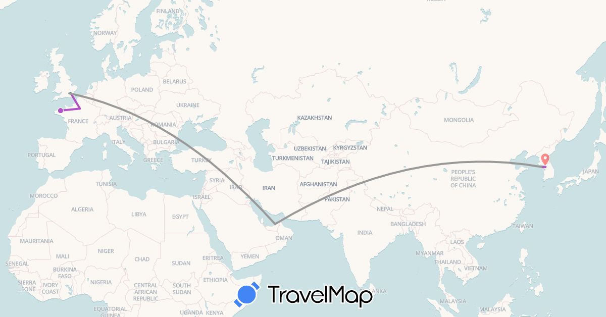 TravelMap itinerary: driving, bus, plane, train, hiking in United Arab Emirates, France, United Kingdom, South Korea (Asia, Europe)